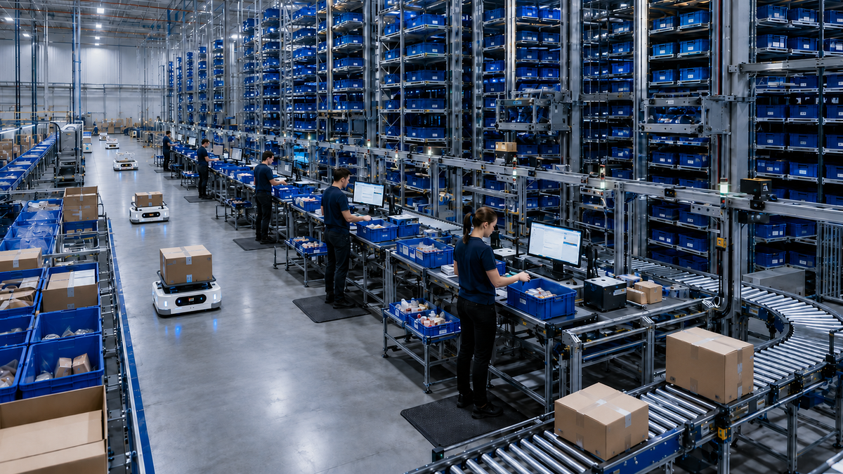 Goods-to-person picking area with automated tote storage, AMRs, conveyors, and operator workstations