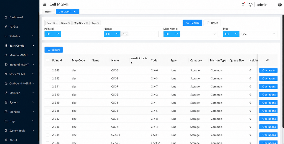 WMS cell management interface listing storage location codes, types and categories