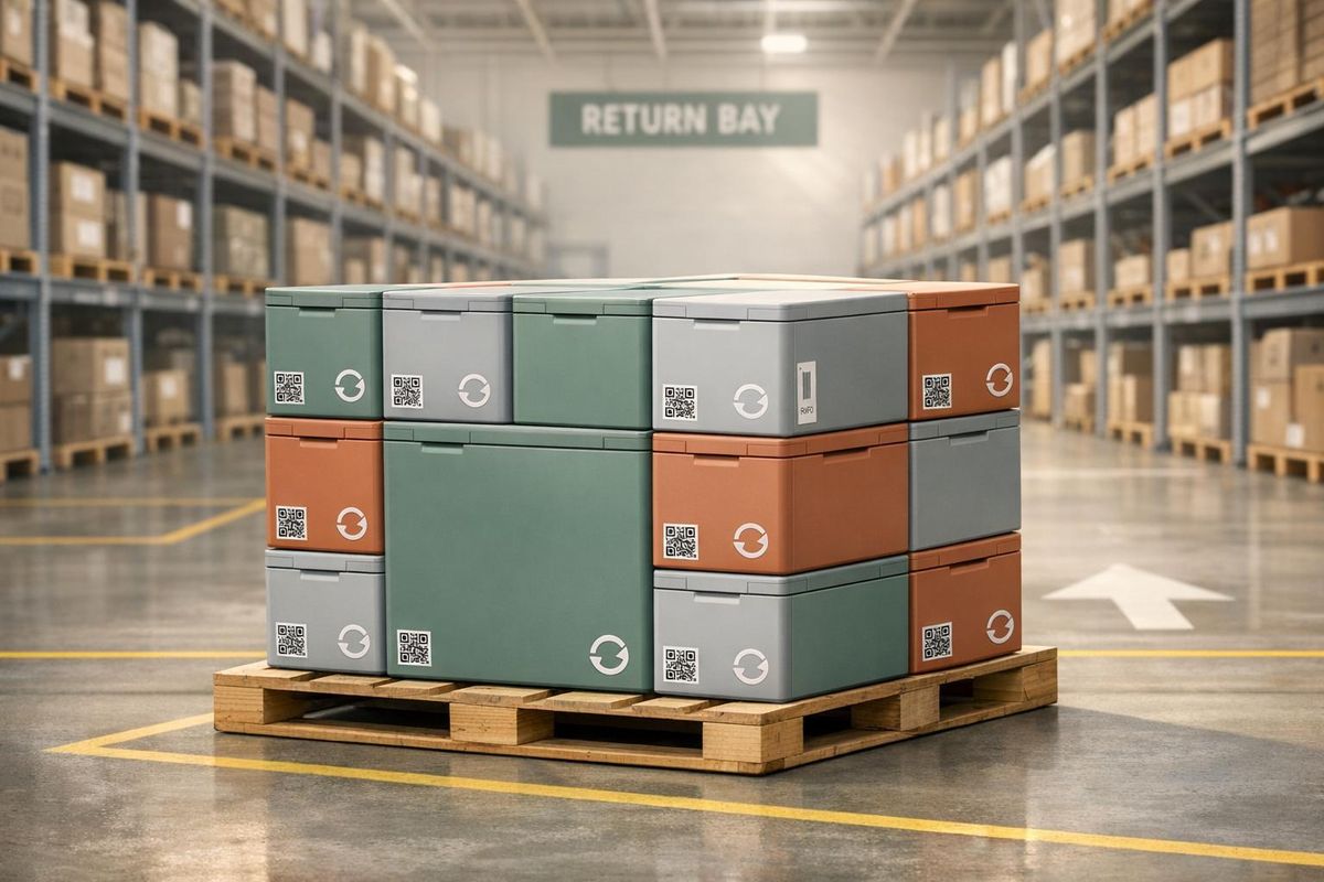 Reusable totes prepared for return processing in a warehouse return bay