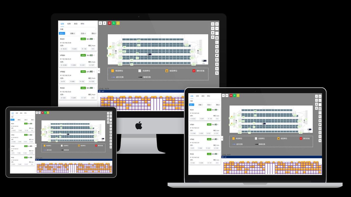 Multi-device AGV dispatch dashboard for heavy-roll warehouse logistics