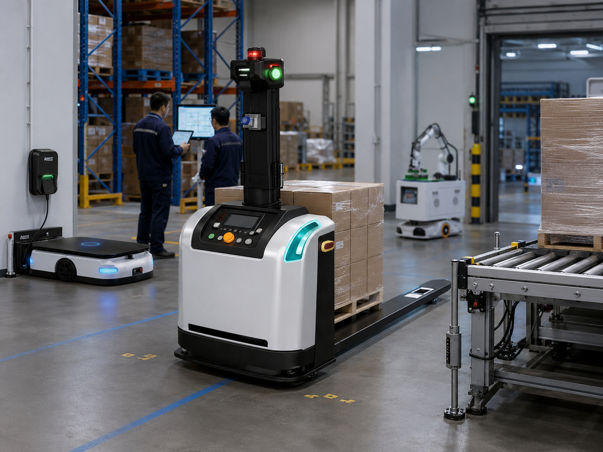 Warehouse transport scene showing a pallet-moving AGV, a low-profile AMR, and operators coordinating internal material flow.