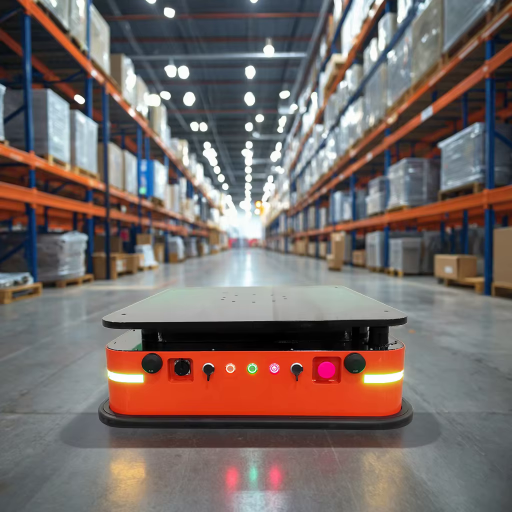 Automated guided vehicle operating in a warehouse aisle.