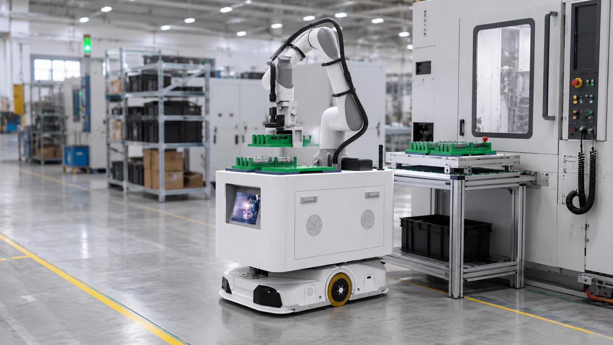 Mobile manipulator robot docking beside a machine tool to handle parts at the workstation.