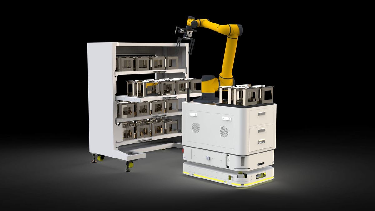 Composite robot and AGV system with multi-level tray buffering for an automatic test line
