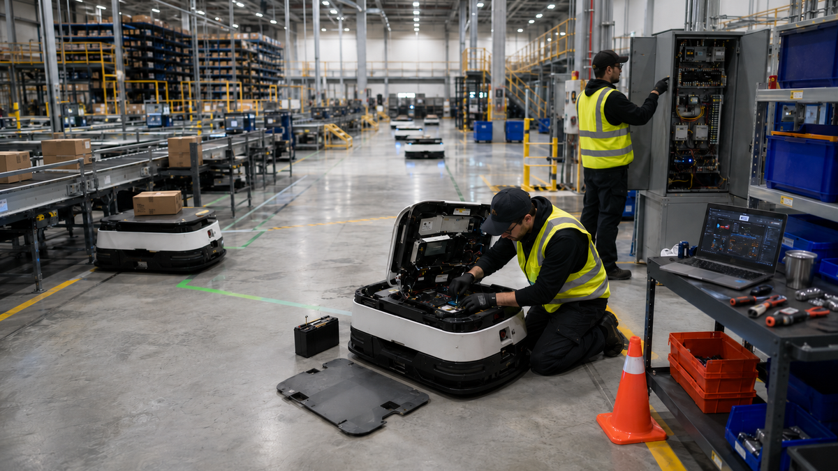Technician servicing an isolated autonomous mobile robot during planned maintenance