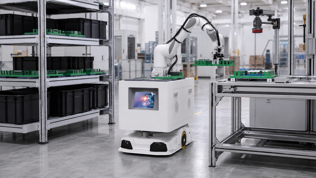 Mobile manipulator robot handling a fixture between storage racks and an adjacent process station.