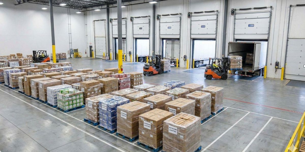 Warehouse loading area with palletized inventory and forklifts at outbound docks