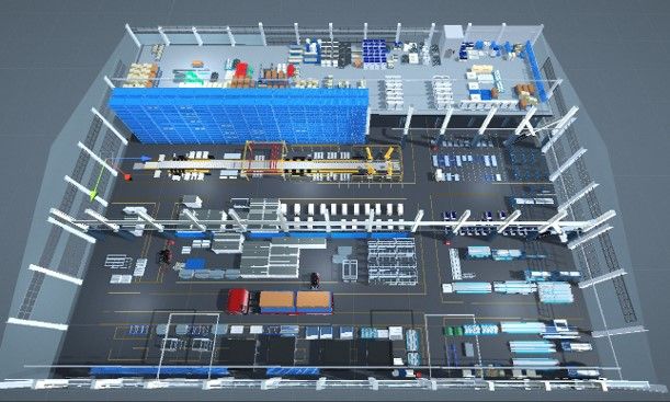 Overhead 3D factory layout showing warehouse storage, production areas and internal logistics routes