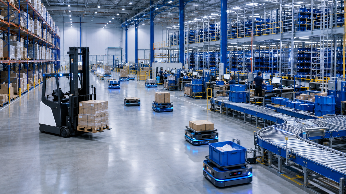 Integrated 3PL fulfillment warehouse with autonomous forklift, AMRs, conveyors, high-bay storage, and packing workstations