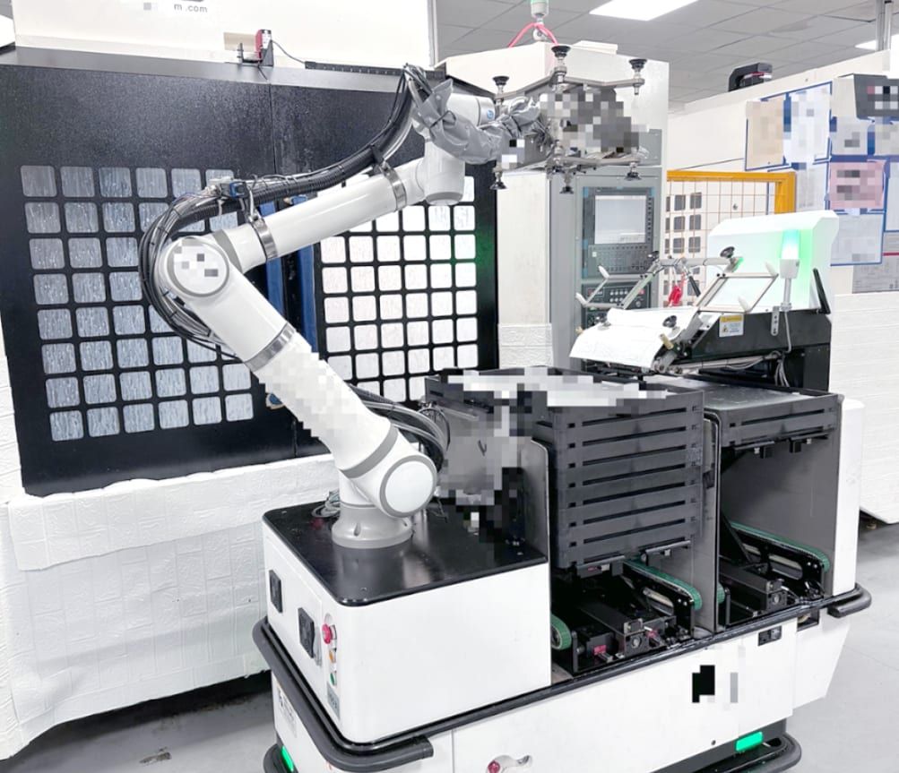 Composite robot loading and unloading a test-machine interface