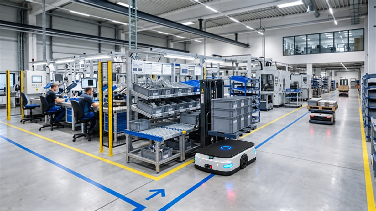 AGVs moving materials through an automated factory production area.