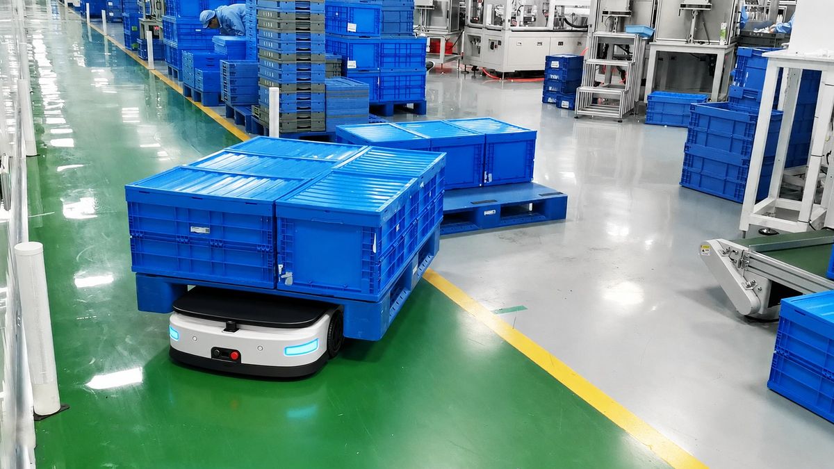 AGV carrying blue material bins through an electronics workshop logistics lane