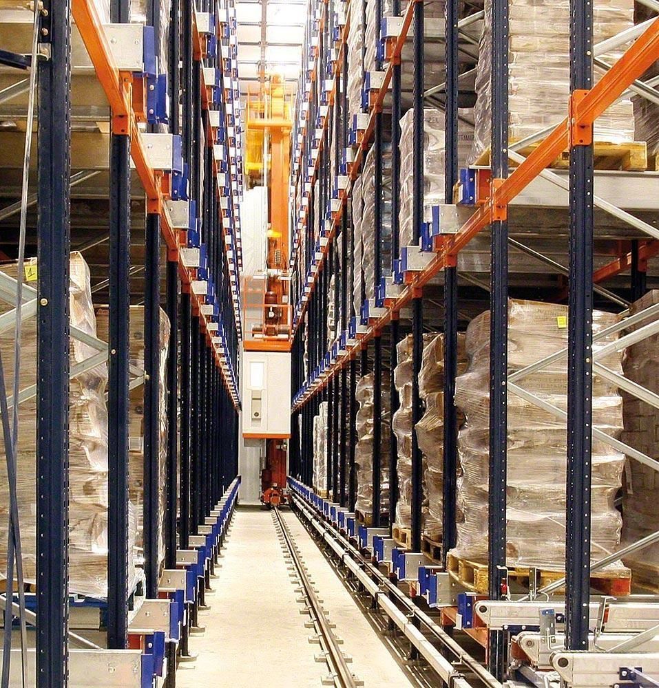 Automated stacker crane in a narrow high-bay warehouse aisle with pallet racking