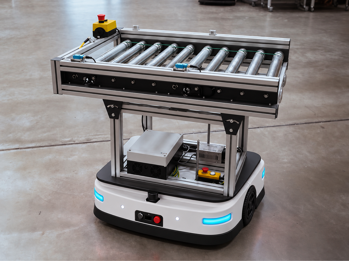 Conveyor AGV with a roller conveyor top module for automatic load transfer