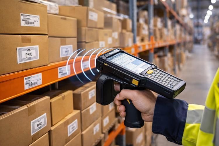 Warehouse associate using an RFID handheld reader to verify inventory records