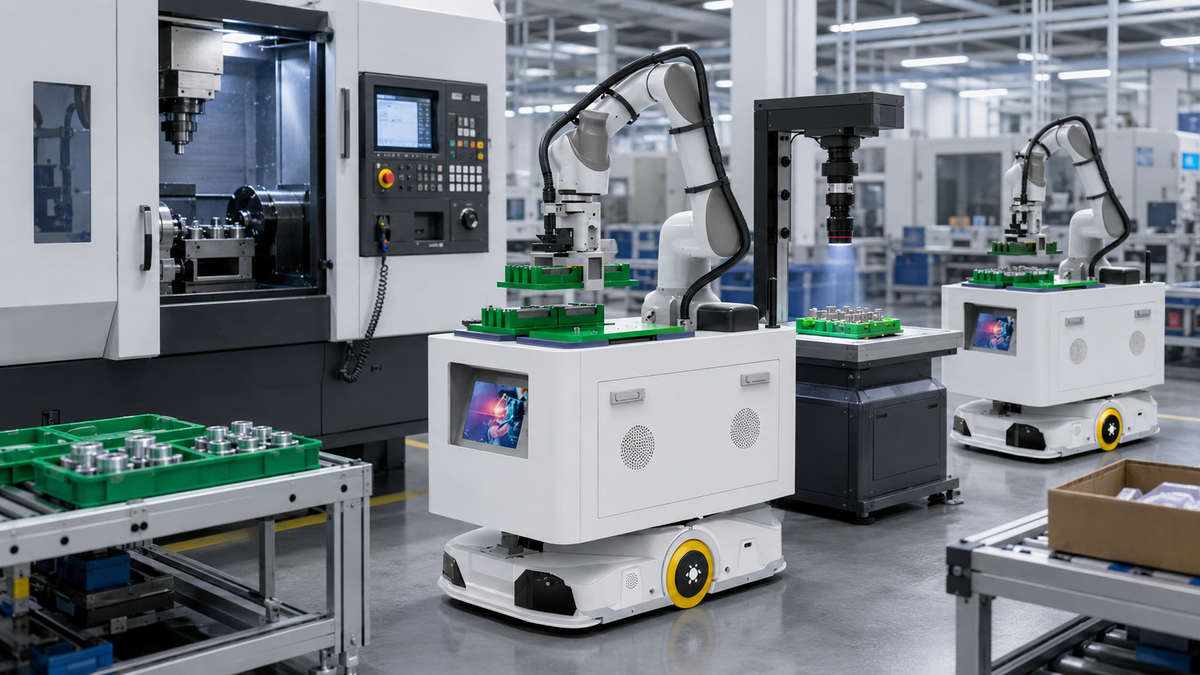 Industrial robots supporting CNC loading and workstation production tasks in a manufacturing cell