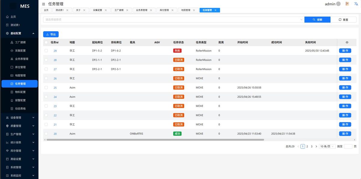 MES task management interface showing AGV mission status and automatic dispatch records.