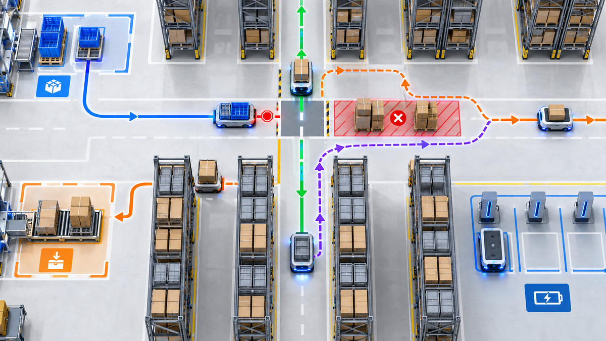 Warehouse AGVs following coordinated routes around a restricted area