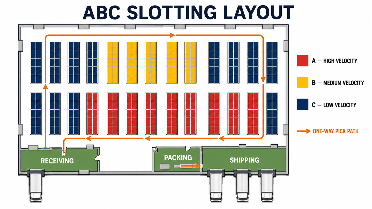 ABC slotting layout with high, medium, and low velocity inventory zones and a one-way pick path