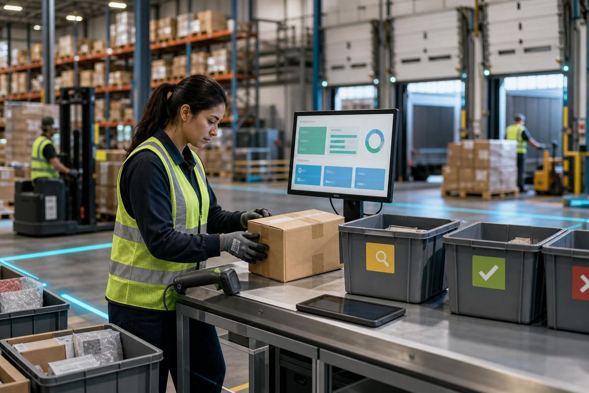 Warehouse operator scanning and registering a returned item