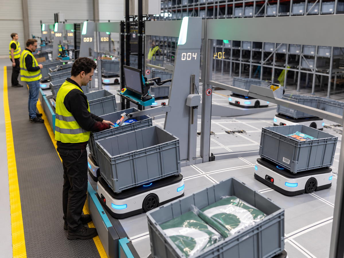 Warehouse employees picking from totes delivered by autonomous mobile robots