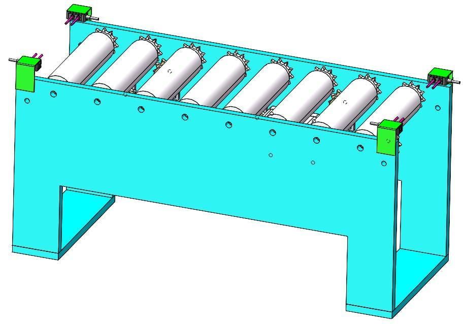 Wide roller conveyor module used for composite AGV docking and tray transfer