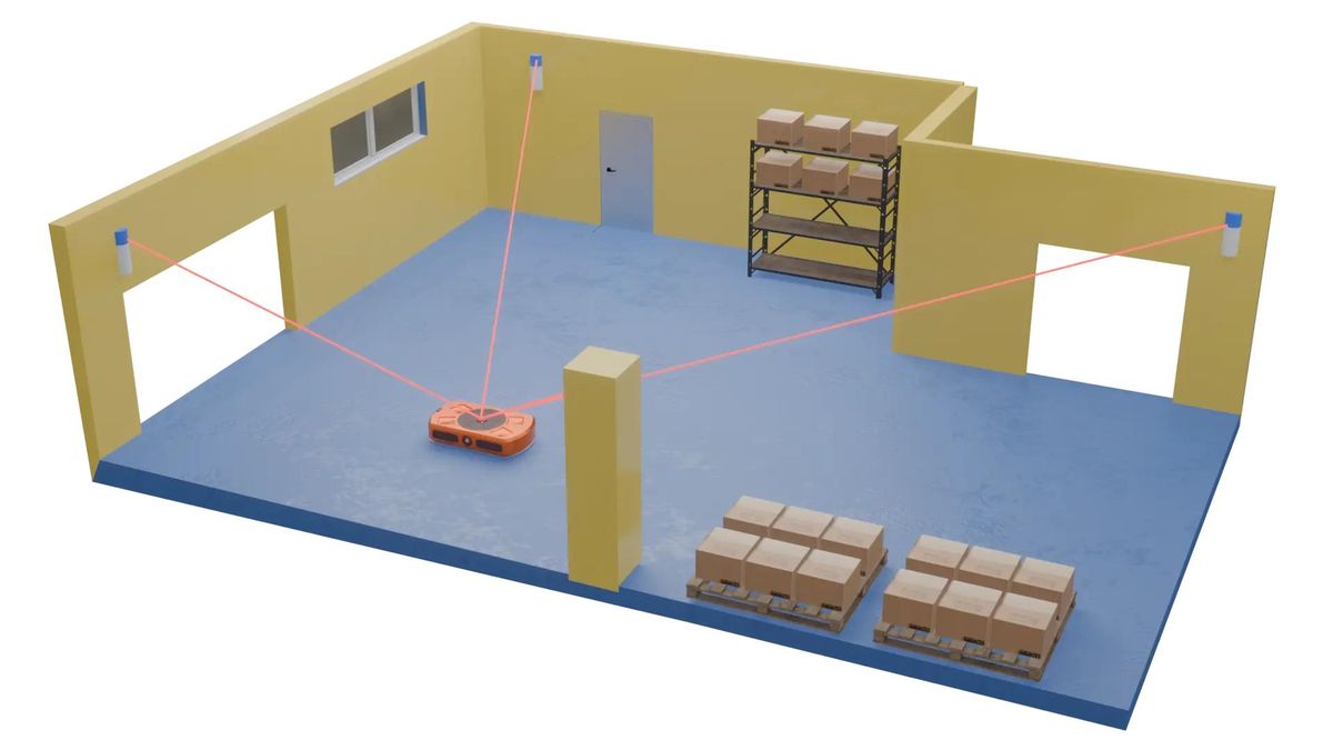 AGV using laser positioning references around walls, aisles, and stored pallets in a facility