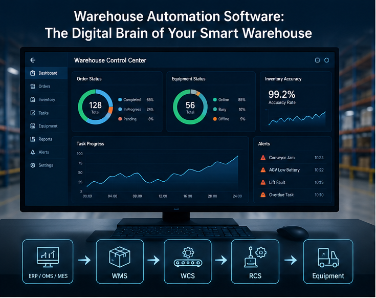 Warehouse automation software control center showing order status, equipment status, inventory accuracy, task progress, and alerts