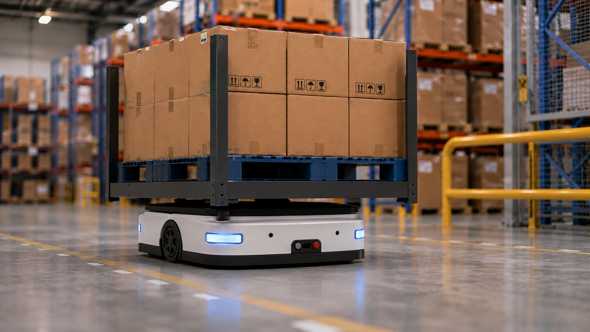 Autonomous mobile robot transporting stacked cases in a warehouse aisle