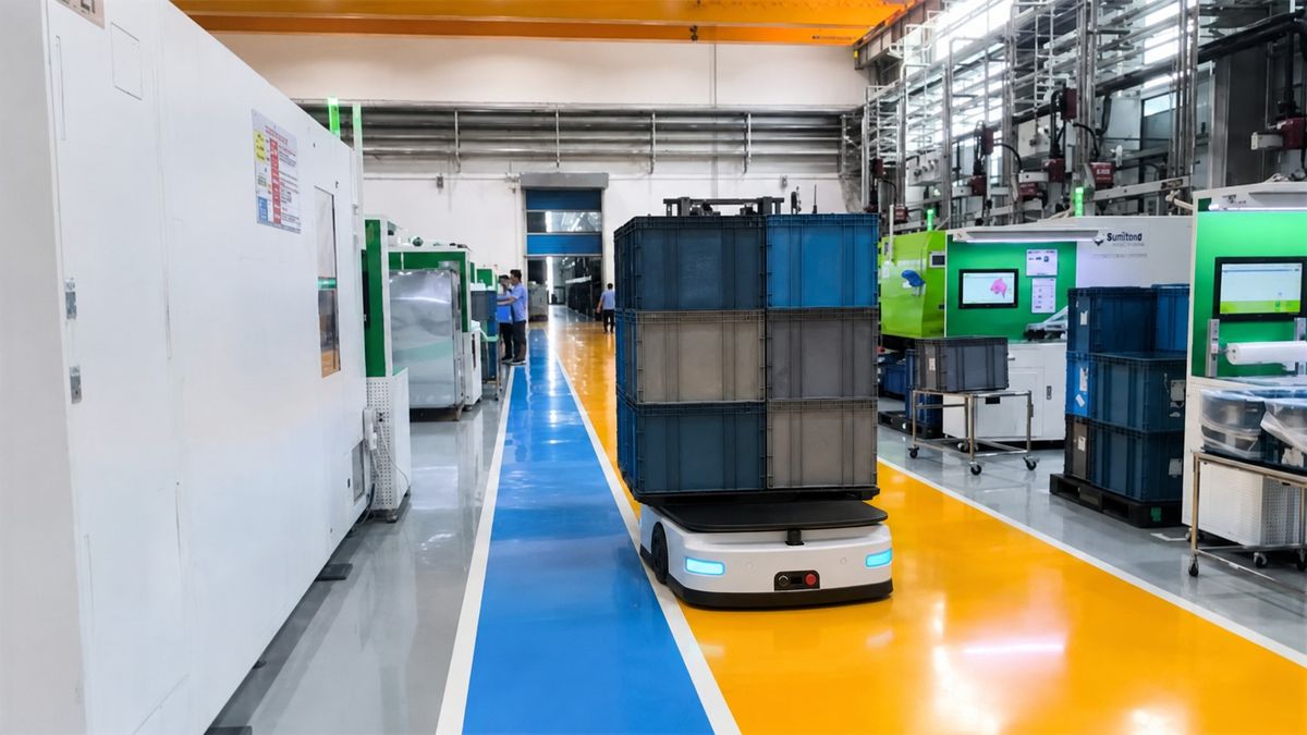 AGV carrying stacked bins through an injection molding workshop logistics lane