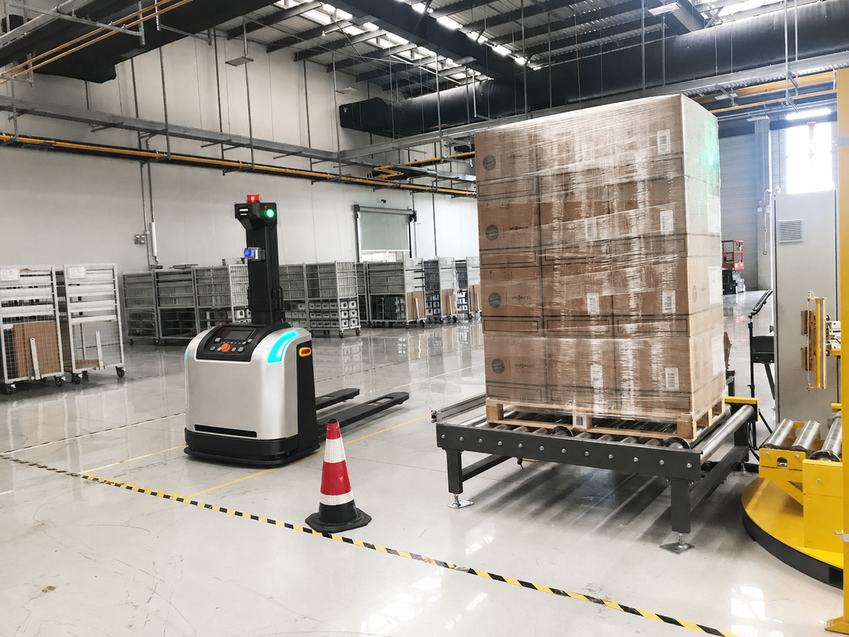 Autonomous pallet truck positioned beside a roller conveyor in a manufacturing facility