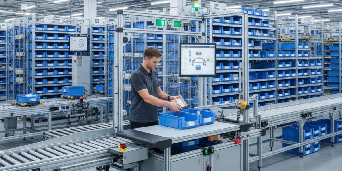 Employee picking items from a blue tote at a goods-to-person conveyor workstation