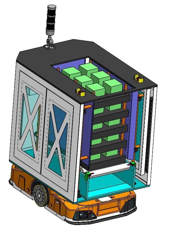 Composite AGV configured for tray feeding and machine-side material handling