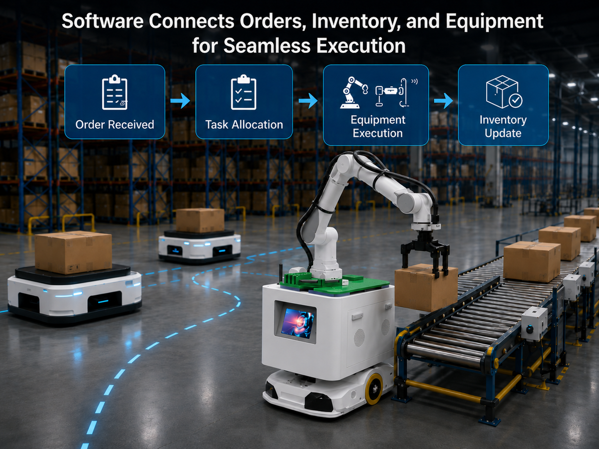 Warehouse automation workflow connecting order receipt, task allocation, equipment execution, and inventory update across AMRs, mobile manipulators, and conveyors