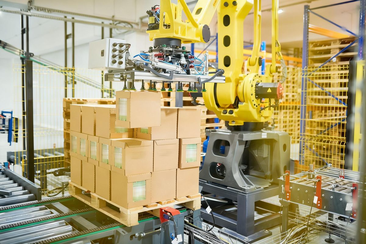 Industrial robotic palletizer handling cartons in a guarded palletizing cell