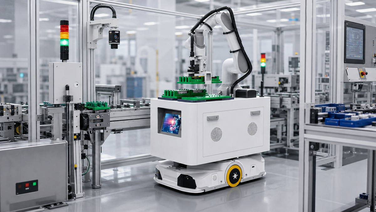 Industrial robot cell handling parts beside conveyors inside a modern factory line