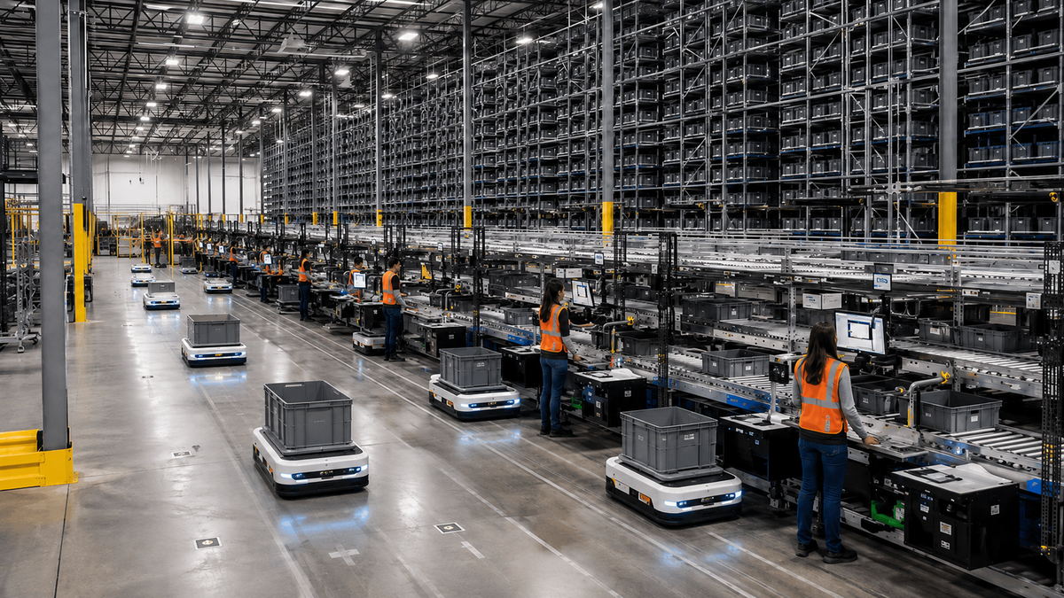 Automated warehouse operations with autonomous mobile robots, conveyors, and operator workstations