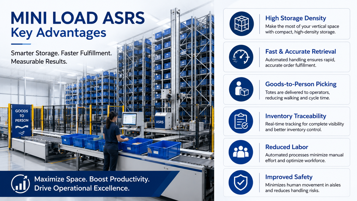 Mini Load ASRS advantages including high storage density, accurate retrieval, goods-to-person picking, traceability, lower manual work, and improved safety