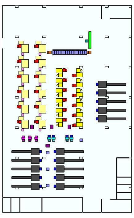 Top-down workshop layout diagram for a shared composite robot machine-tending system in an unmanned machining workshop