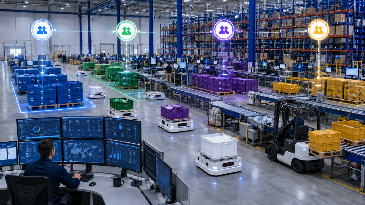 Multi-client 3PL warehouse with color-coded inventory zones, AMRs, conveyors, and centralized operational monitoring