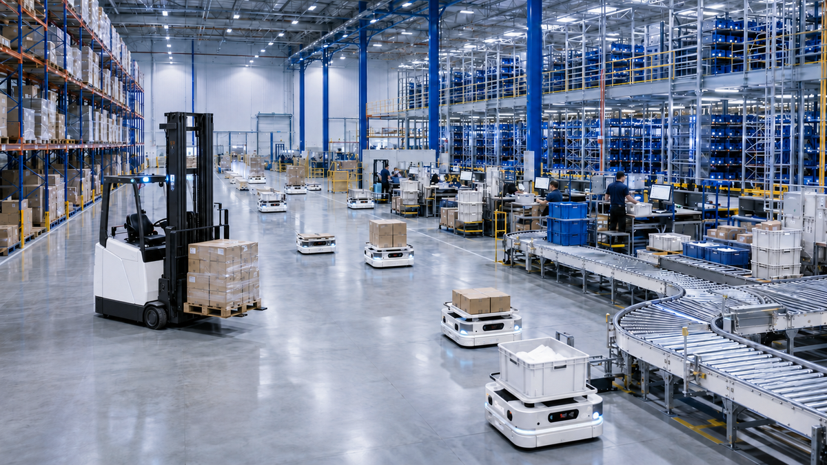 Third-party logistics warehouse with an autonomous forklift, AMRs, conveyors, high-density storage, and fulfillment workstations