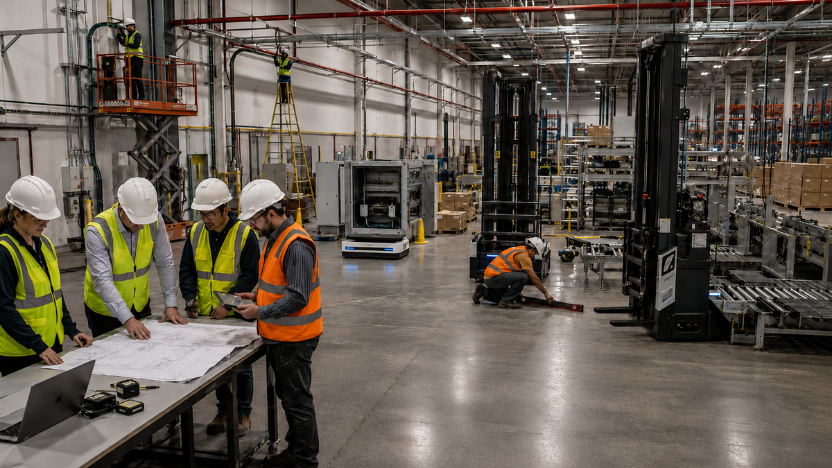 Warehouse automation engineers reviewing a site layout and commissioning equipment