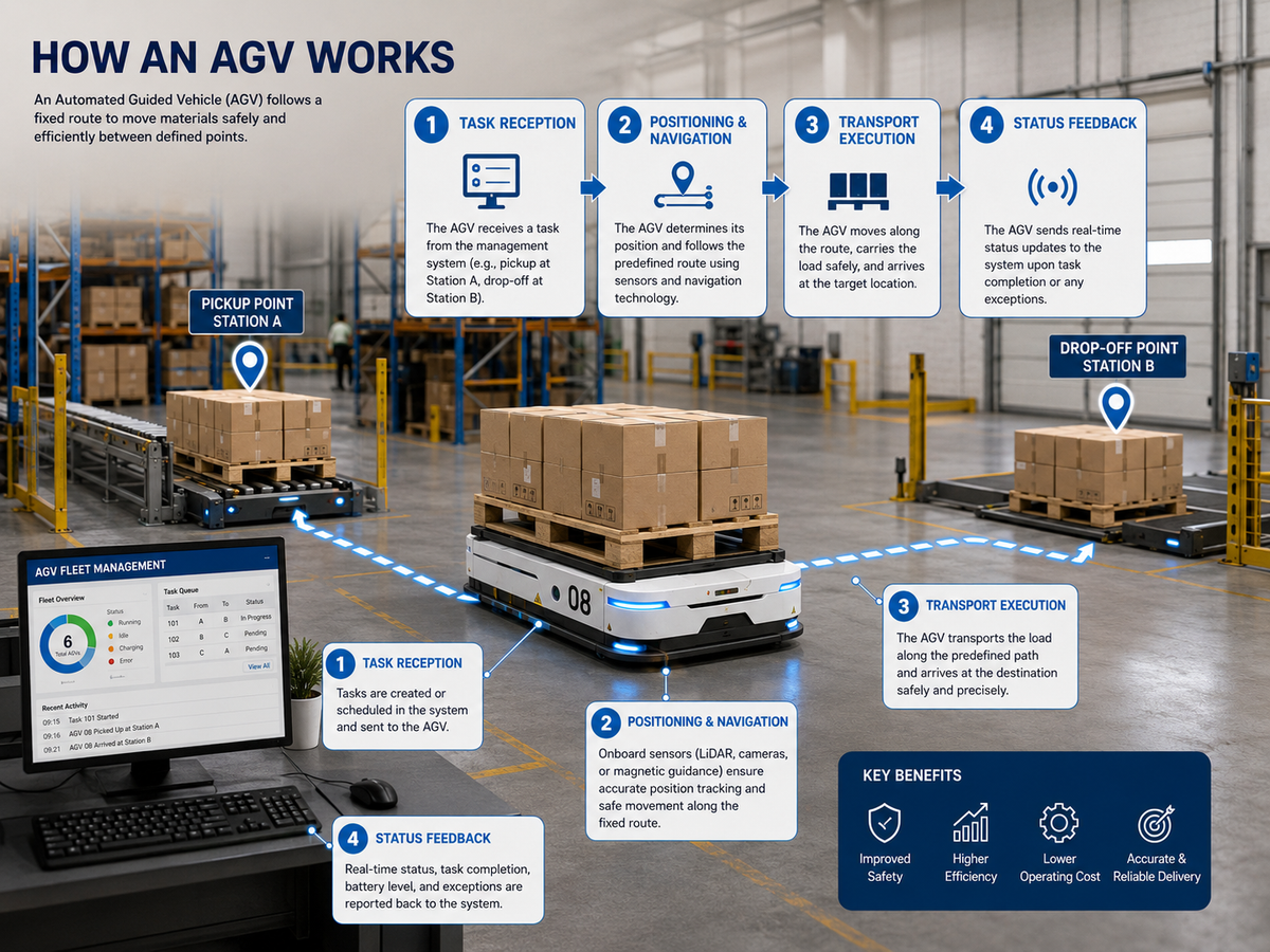 How an AGV works from task reception to navigation, transport execution, and status feedback