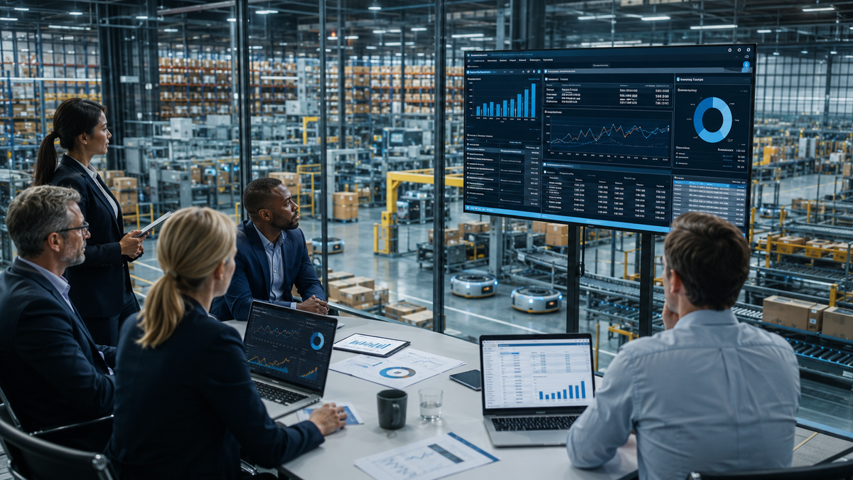 Operations leaders reviewing warehouse automation performance and ROI data