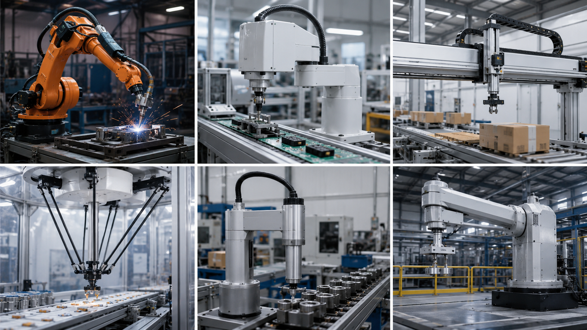 Examples of articulated, SCARA, Cartesian, Delta, cylindrical, and other industrial robot structures in manufacturing