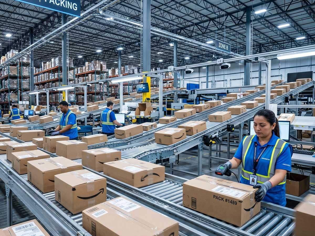 Warehouse employees packing cartons along automated outbound conveyor lines