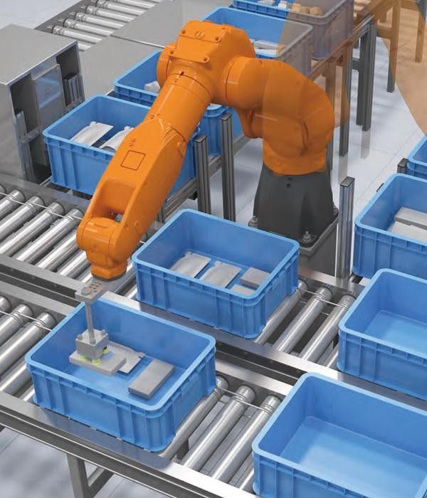 Industrial robot arm picking items from blue bins on a roller conveyor sortation line