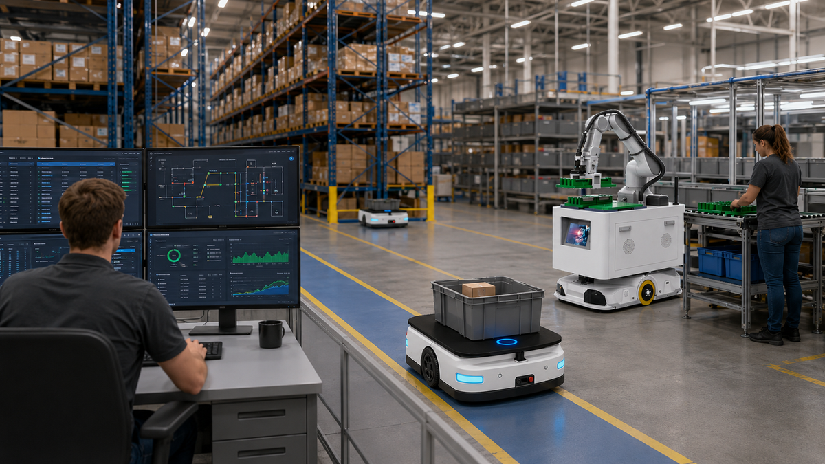 An AMR and a robotic arm supporting repetitive warehouse transport and handling tasks