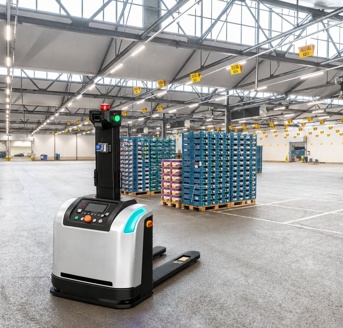 Automated pallet truck moving goods in a warehouse material handling area