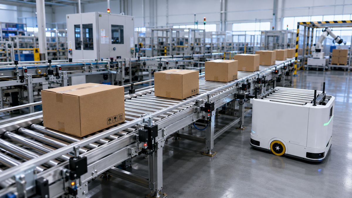 Mobile robot docking with a roller accumulation conveyor for carton transfer